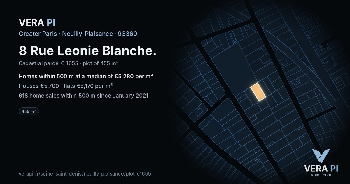 8 Rue Leonie Blanche, Neuilly-Plaisance at night – the plot lit, the parcels around coloured by the prices near them