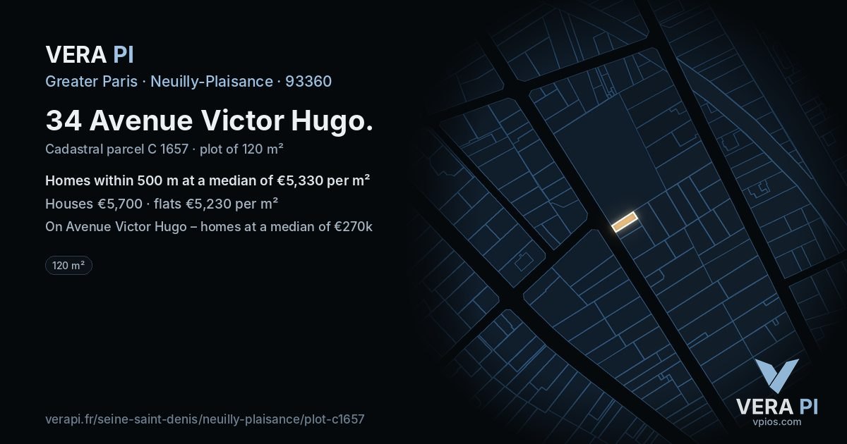 34 Avenue Victor Hugo, Neuilly-Plaisance at night – the plot lit, the parcels around coloured by the prices near them