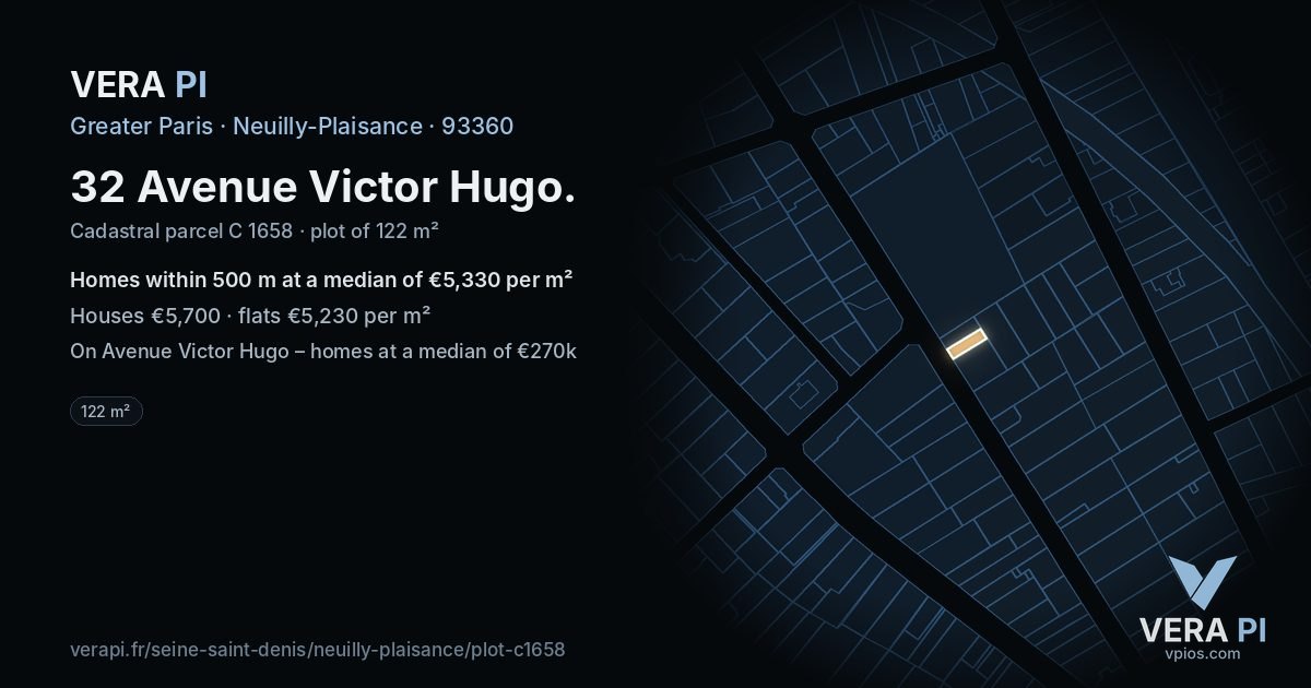 32 Avenue Victor Hugo, Neuilly-Plaisance at night – the plot lit, the parcels around coloured by the prices near them