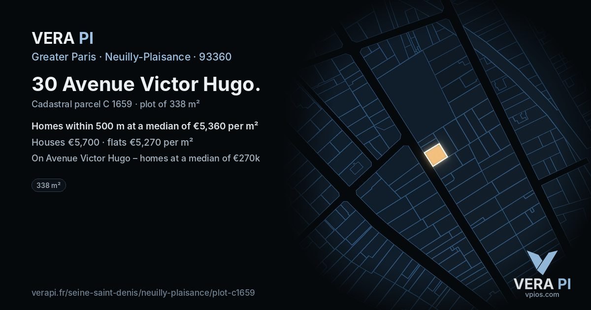 30 Avenue Victor Hugo, Neuilly-Plaisance at night – the plot lit, the parcels around coloured by the prices near them