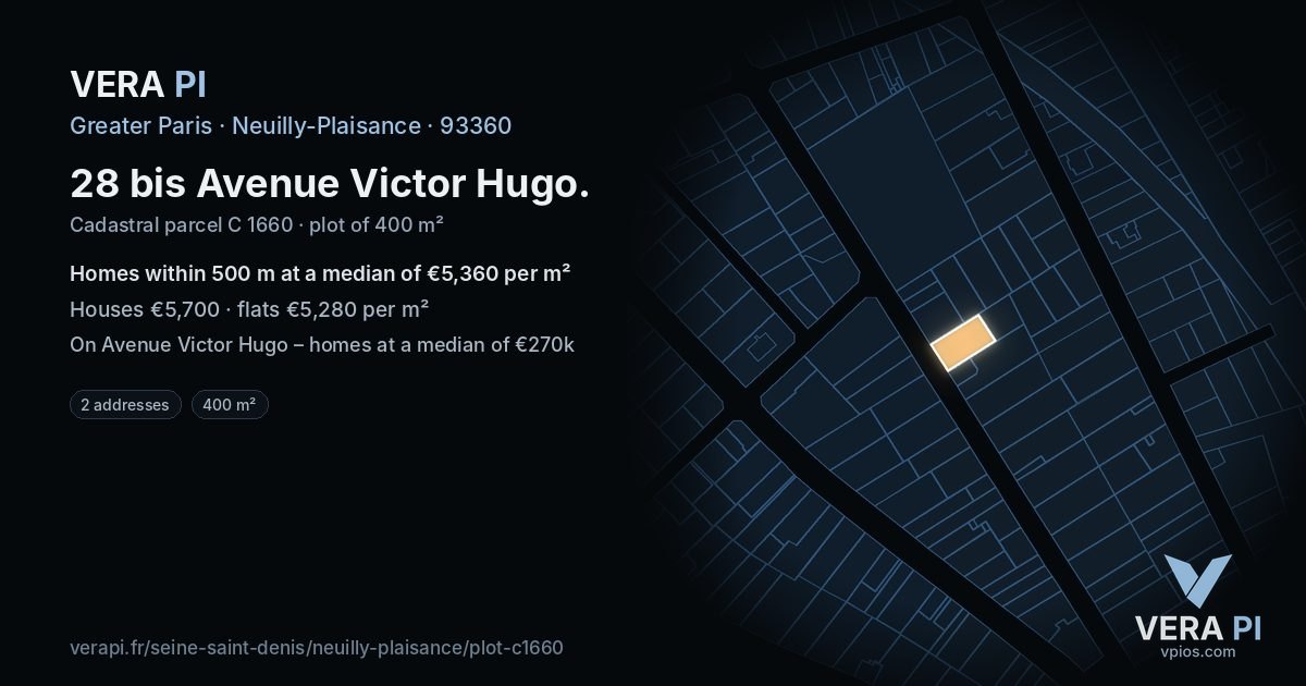 28 bis Avenue Victor Hugo, Neuilly-Plaisance at night – the plot lit, the parcels around coloured by the prices near them