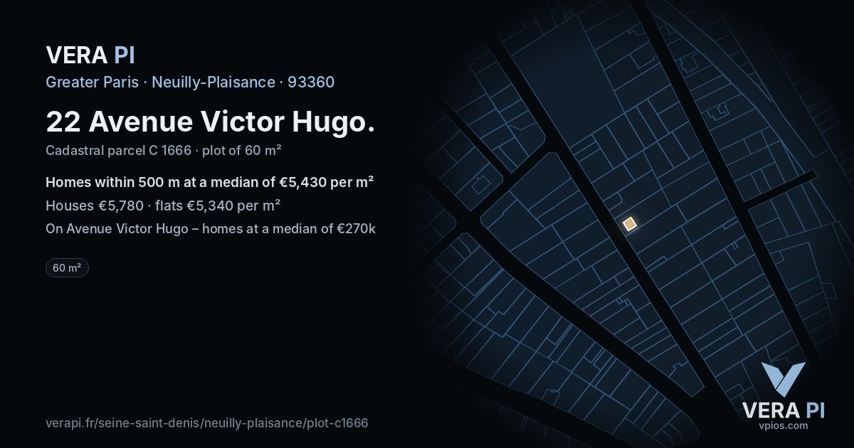 22 Avenue Victor Hugo, Neuilly-Plaisance at night – the plot lit, the parcels around coloured by the prices near them