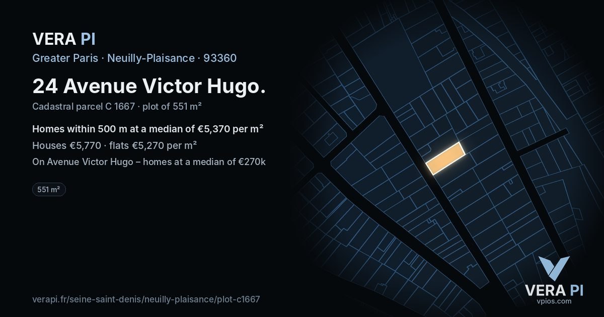 24 Avenue Victor Hugo, Neuilly-Plaisance at night – the plot lit, the parcels around coloured by the prices near them