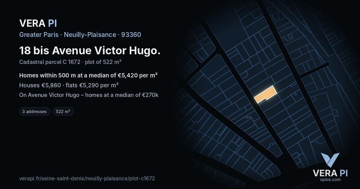 18 bis Avenue Victor Hugo, Neuilly-Plaisance at night – the plot lit, the parcels around coloured by the prices near them