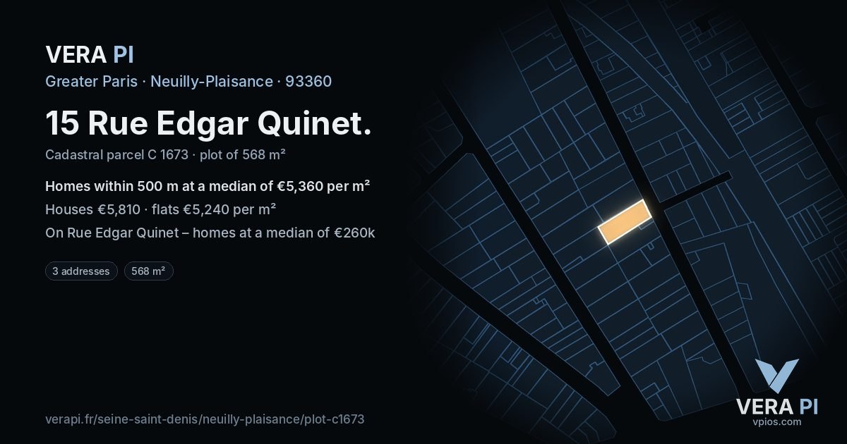 15 Rue Edgar Quinet, Neuilly-Plaisance at night – the plot lit, the parcels around coloured by the prices near them