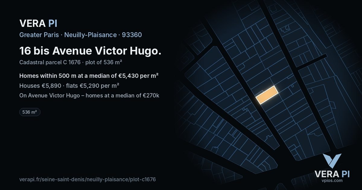 16 bis Avenue Victor Hugo, Neuilly-Plaisance at night – the plot lit, the parcels around coloured by the prices near them