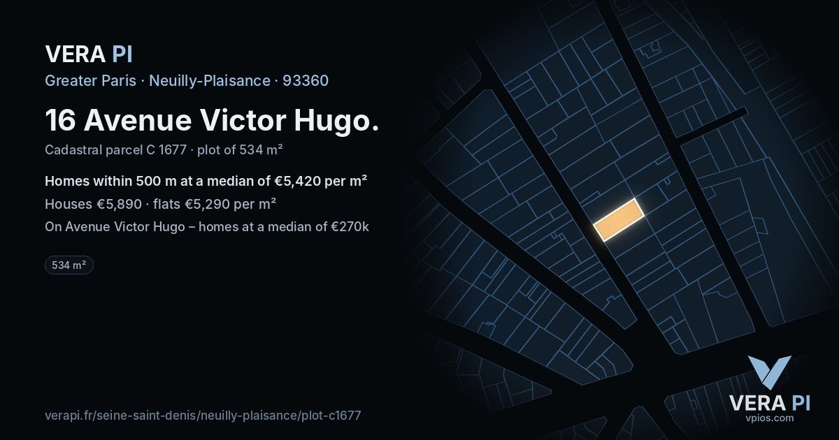 16 Avenue Victor Hugo, Neuilly-Plaisance at night – the plot lit, the parcels around coloured by the prices near them