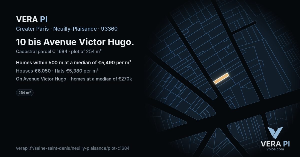 10 bis Avenue Victor Hugo, Neuilly-Plaisance at night – the plot lit, the parcels around coloured by the prices near them