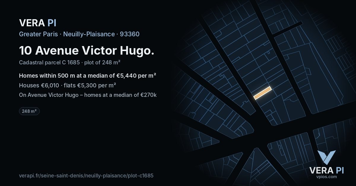 10 Avenue Victor Hugo, Neuilly-Plaisance at night – the plot lit, the parcels around coloured by the prices near them