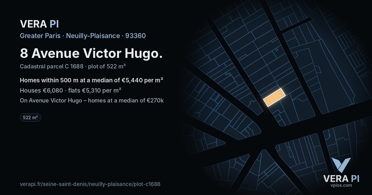 8 Avenue Victor Hugo, Neuilly-Plaisance at night – the plot lit, the parcels around coloured by the prices near them