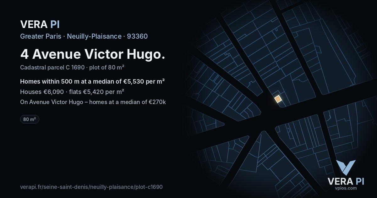 4 Avenue Victor Hugo, Neuilly-Plaisance at night – the plot lit, the parcels around coloured by the prices near them