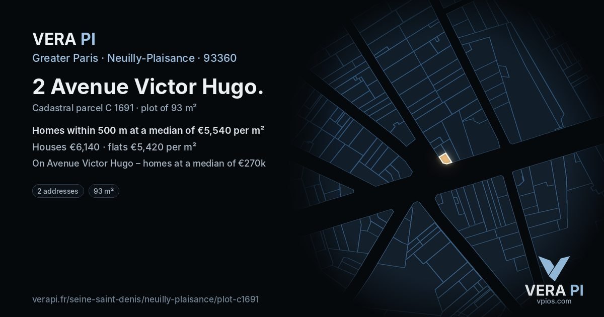 2 Avenue Victor Hugo, Neuilly-Plaisance at night – the plot lit, the parcels around coloured by the prices near them