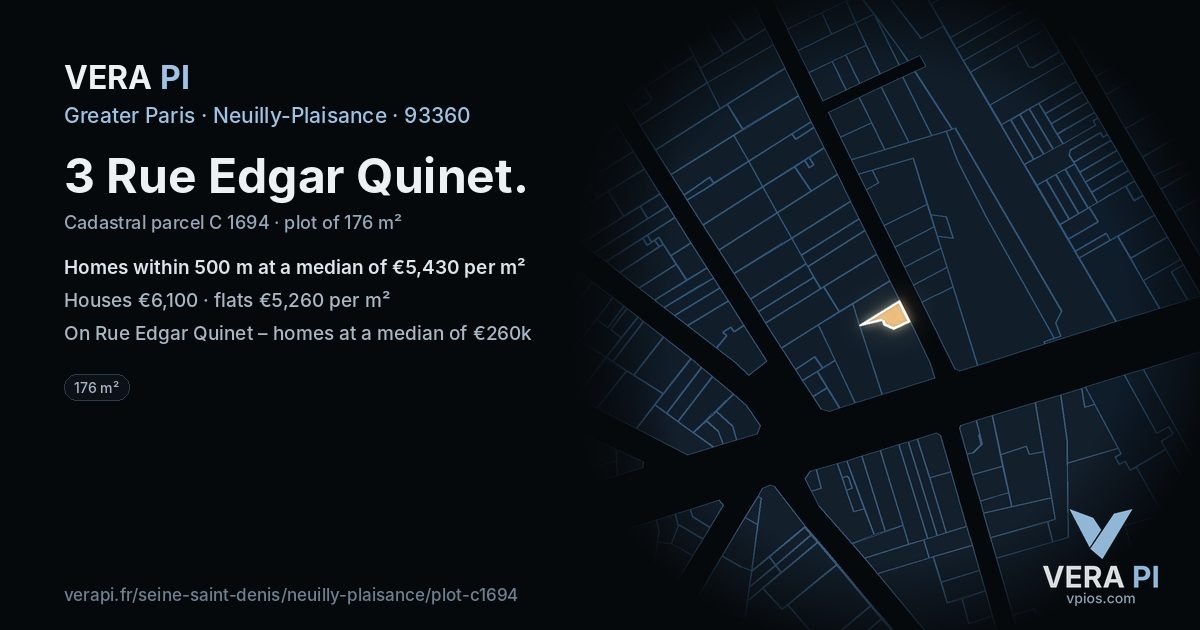 3 Rue Edgar Quinet, Neuilly-Plaisance at night – the plot lit, the parcels around coloured by the prices near them