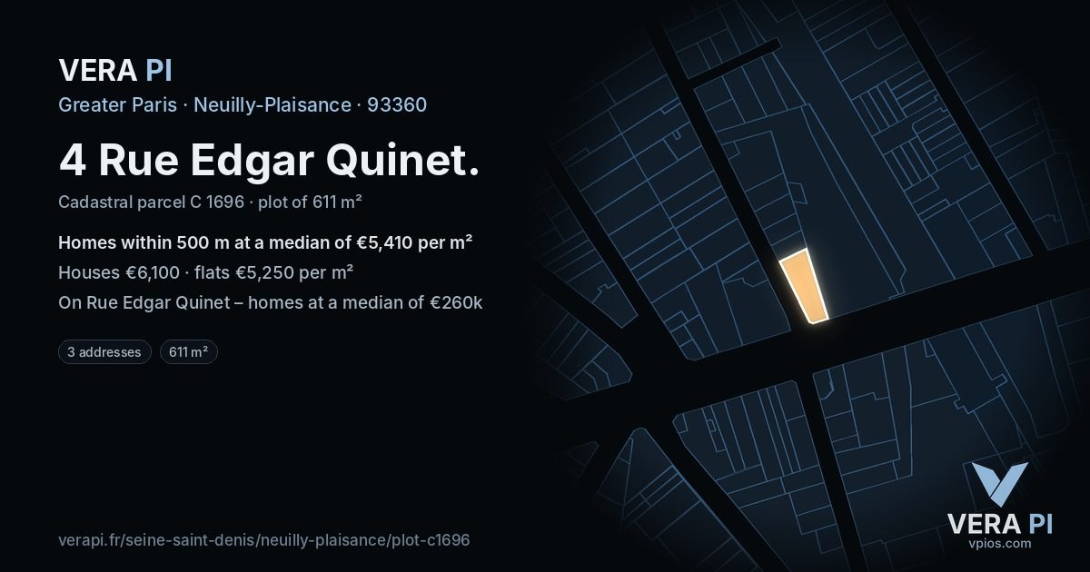 4 Rue Edgar Quinet, Neuilly-Plaisance at night – the plot lit, the parcels around coloured by the prices near them