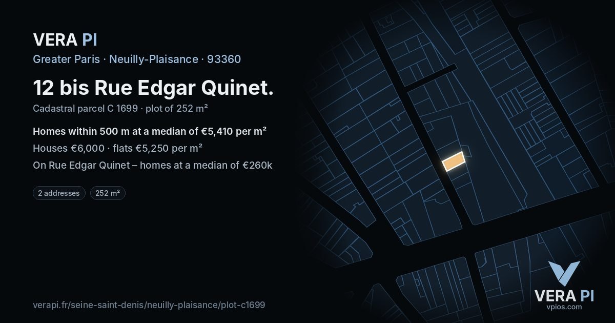 12 bis Rue Edgar Quinet, Neuilly-Plaisance at night – the plot lit, the parcels around coloured by the prices near them