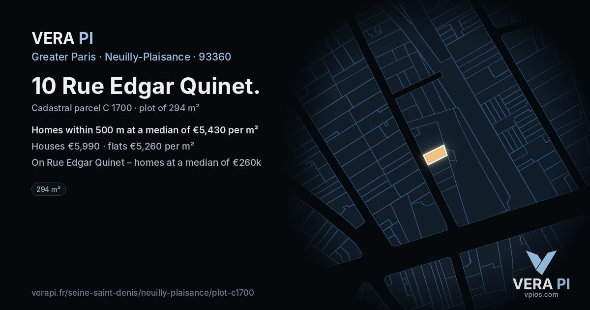 10 Rue Edgar Quinet, Neuilly-Plaisance at night – the plot lit, the parcels around coloured by the prices near them
