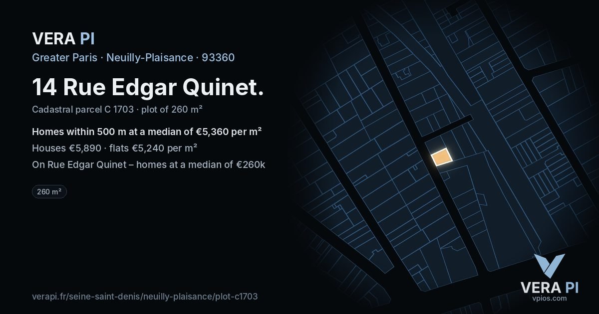 14 Rue Edgar Quinet, Neuilly-Plaisance at night – the plot lit, the parcels around coloured by the prices near them