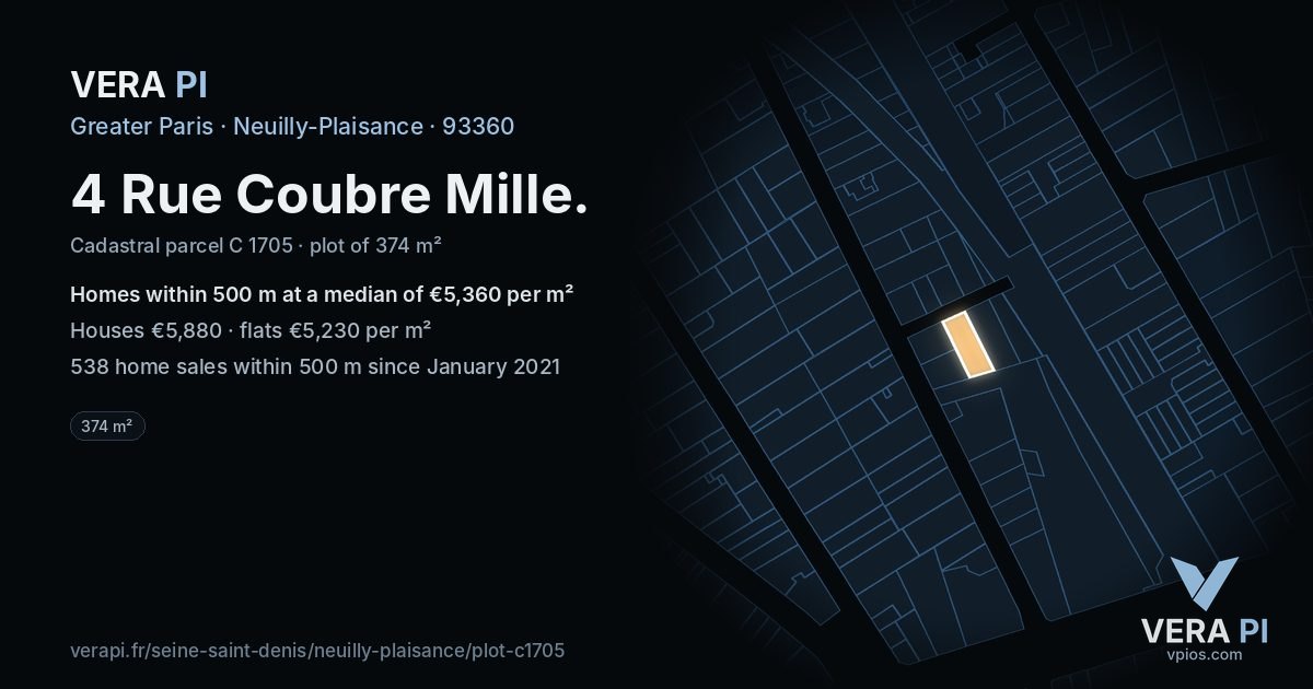 4 Rue Coubre Mille, Neuilly-Plaisance at night – the plot lit, the parcels around coloured by the prices near them