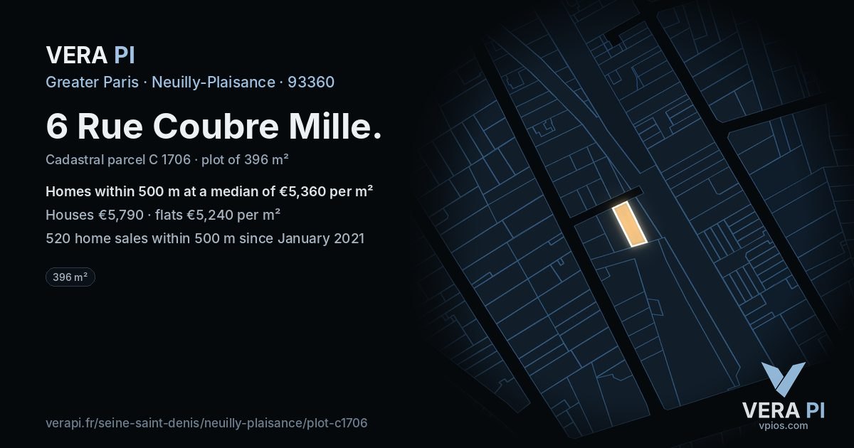 6 Rue Coubre Mille, Neuilly-Plaisance at night – the plot lit, the parcels around coloured by the prices near them