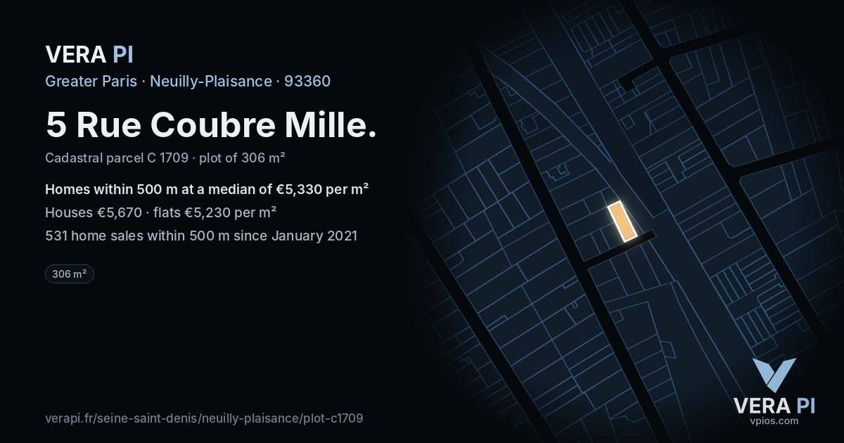 5 Rue Coubre Mille, Neuilly-Plaisance at night – the plot lit, the parcels around coloured by the prices near them