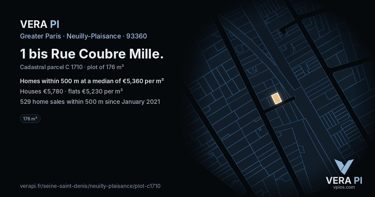1 bis Rue Coubre Mille, Neuilly-Plaisance at night – the plot lit, the parcels around coloured by the prices near them