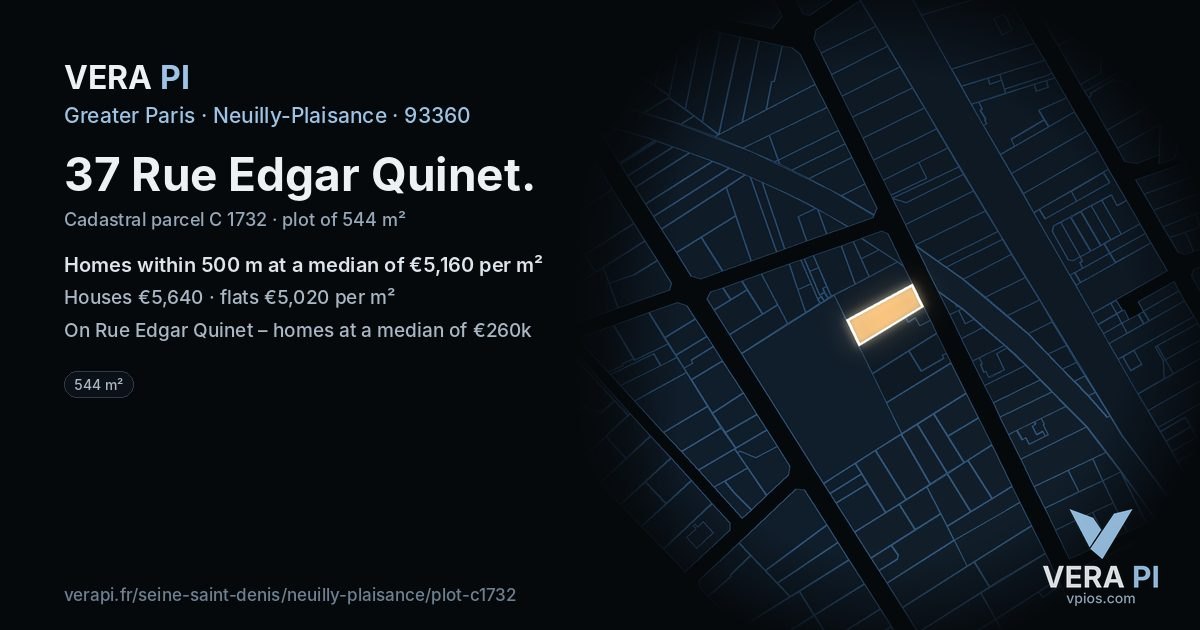37 Rue Edgar Quinet, Neuilly-Plaisance at night – the plot lit, the parcels around coloured by the prices near them