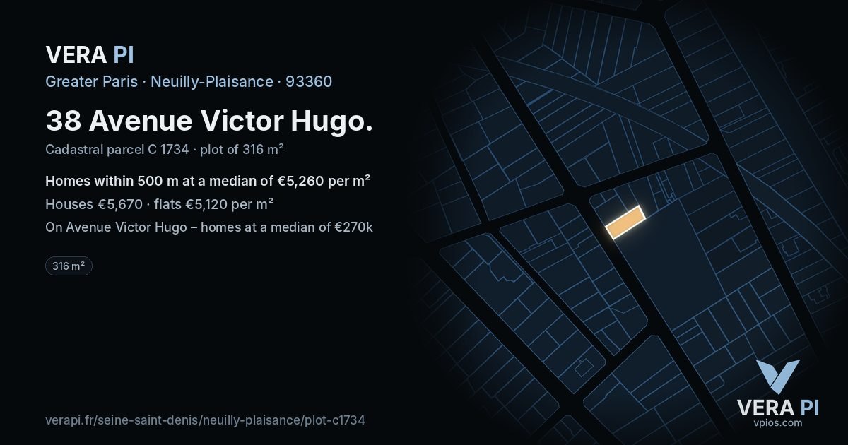 38 Avenue Victor Hugo, Neuilly-Plaisance at night – the plot lit, the parcels around coloured by the prices near them