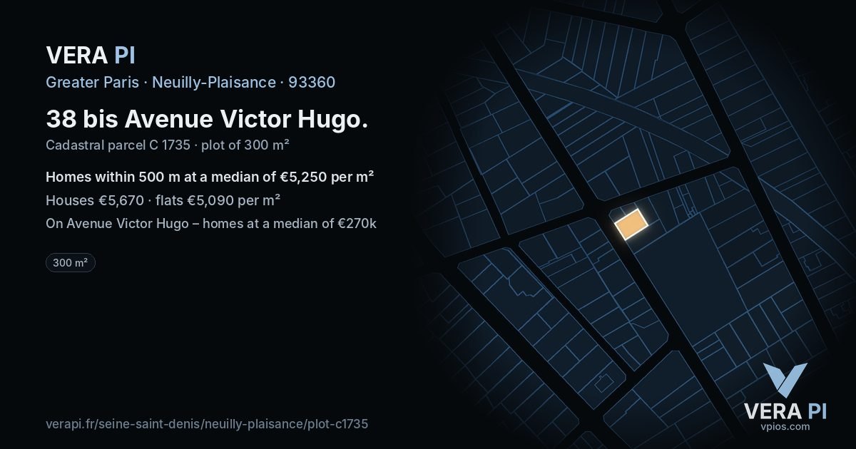 38 bis Avenue Victor Hugo, Neuilly-Plaisance at night – the plot lit, the parcels around coloured by the prices near them