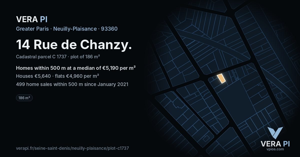 14 Rue de Chanzy, Neuilly-Plaisance at night – the plot lit, the parcels around coloured by the prices near them