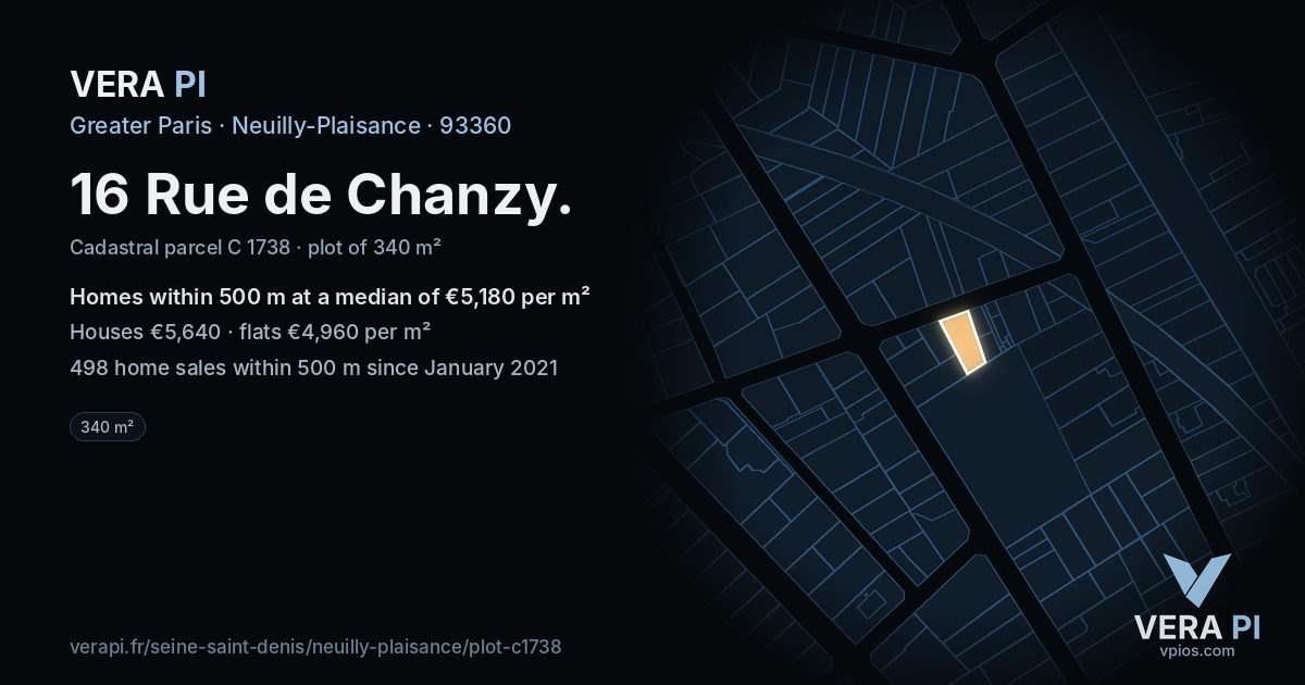 16 Rue de Chanzy, Neuilly-Plaisance at night – the plot lit, the parcels around coloured by the prices near them