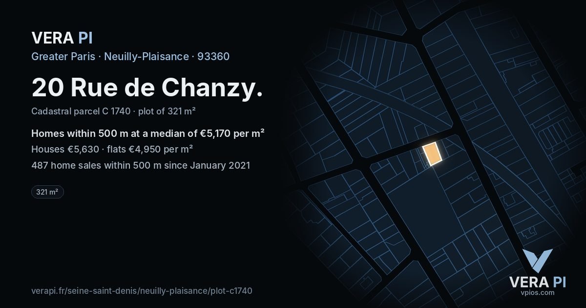 20 Rue de Chanzy, Neuilly-Plaisance at night – the plot lit, the parcels around coloured by the prices near them