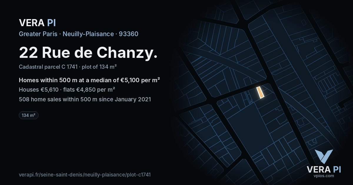 22 Rue de Chanzy, Neuilly-Plaisance at night – the plot lit, the parcels around coloured by the prices near them