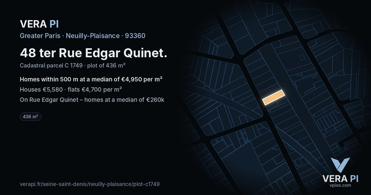 48 ter Rue Edgar Quinet, Neuilly-Plaisance at night – the plot lit, the parcels around coloured by the prices near them