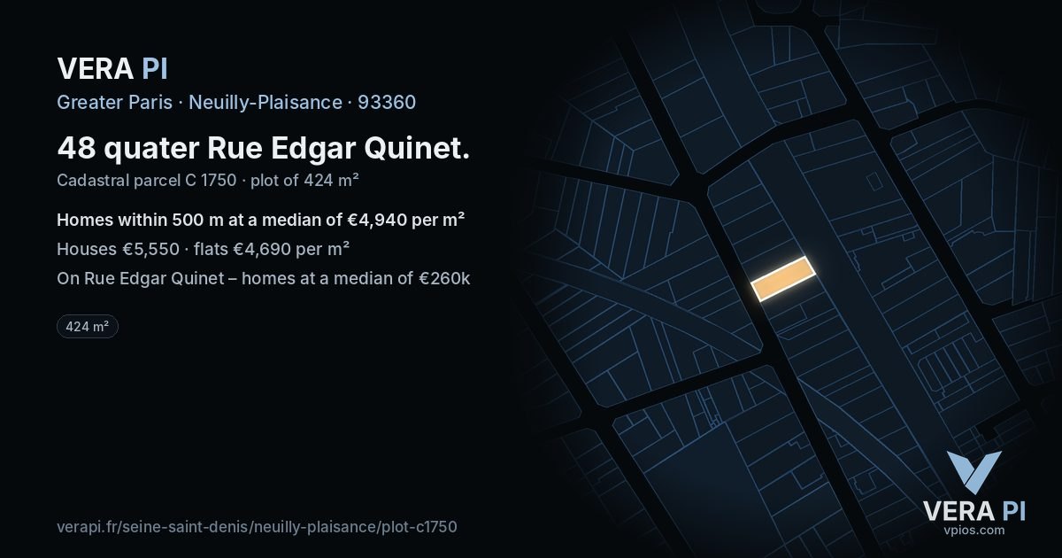 48 quater Rue Edgar Quinet, Neuilly-Plaisance at night – the plot lit, the parcels around coloured by the prices near them