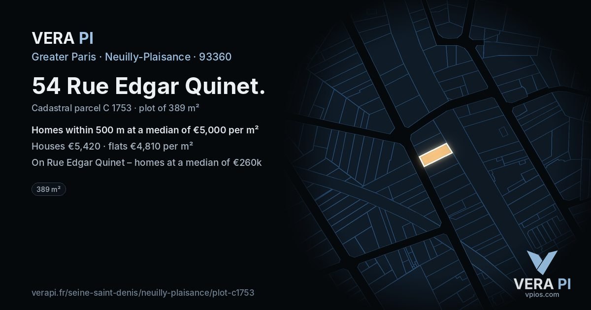 54 Rue Edgar Quinet, Neuilly-Plaisance at night – the plot lit, the parcels around coloured by the prices near them