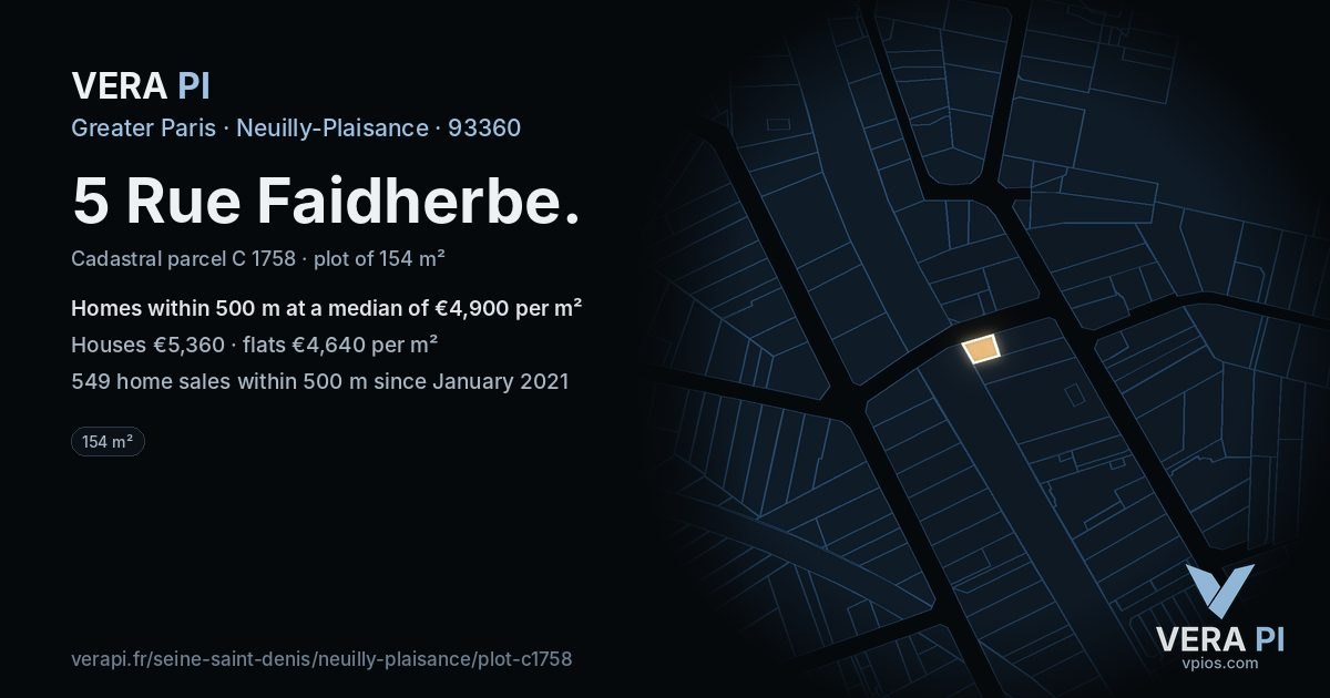 5 Rue Faidherbe, Neuilly-Plaisance at night – the plot lit, the parcels around coloured by the prices near them
