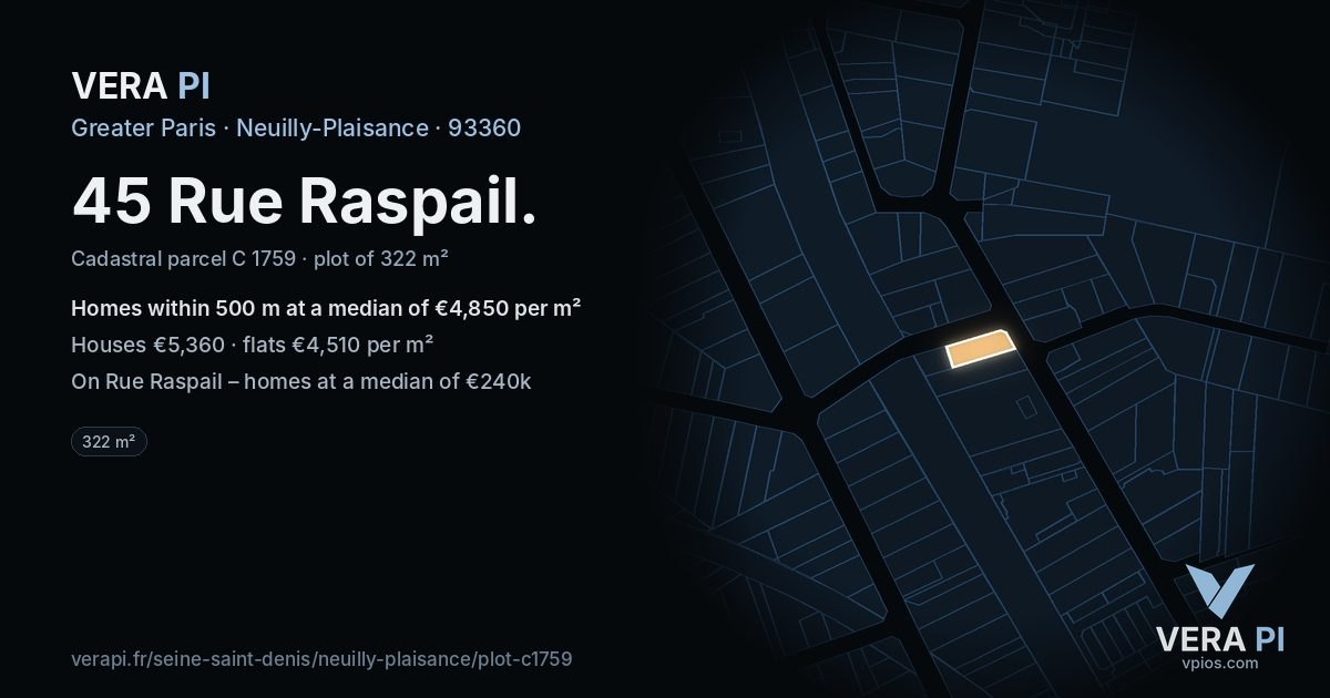45 Rue Raspail, Neuilly-Plaisance at night – the plot lit, the parcels around coloured by the prices near them