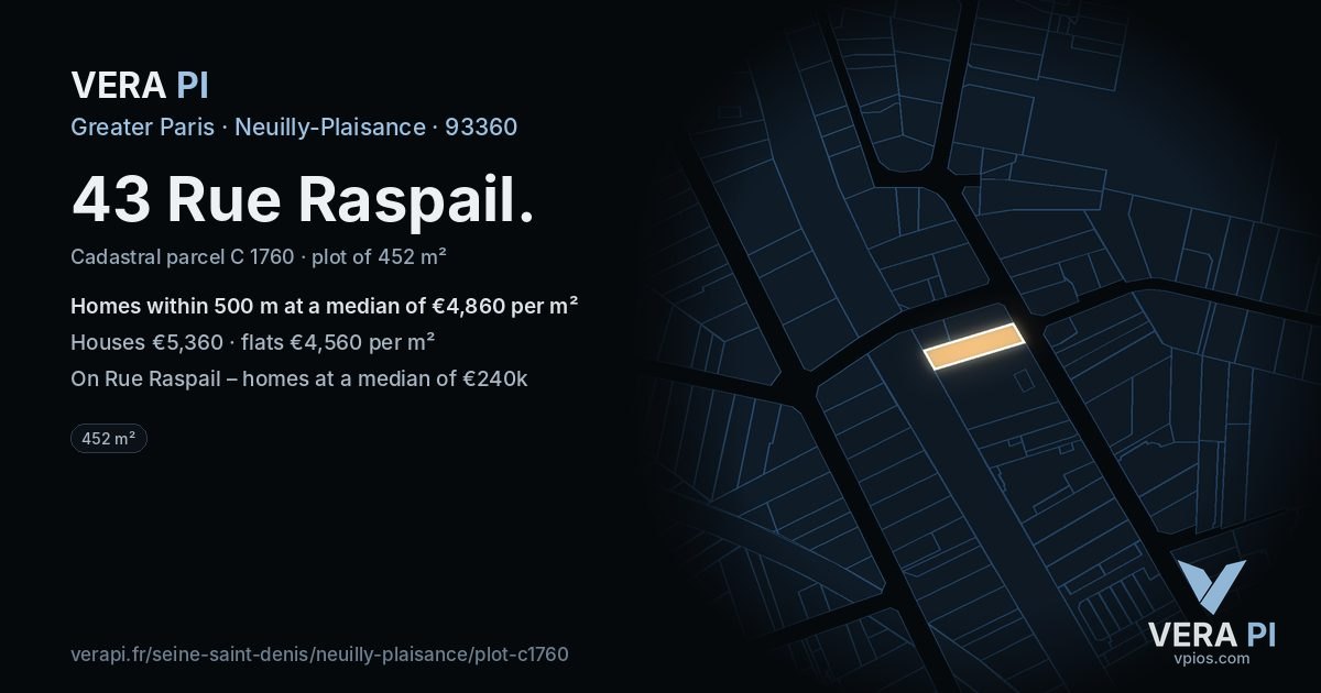 43 Rue Raspail, Neuilly-Plaisance at night – the plot lit, the parcels around coloured by the prices near them