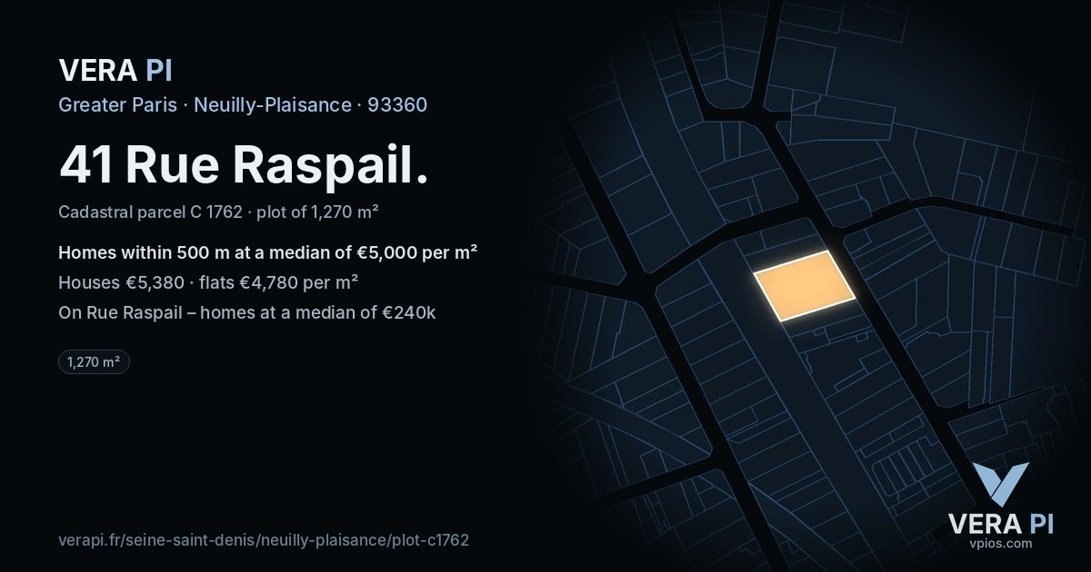 41 Rue Raspail, Neuilly-Plaisance at night – the plot lit, the parcels around coloured by the prices near them