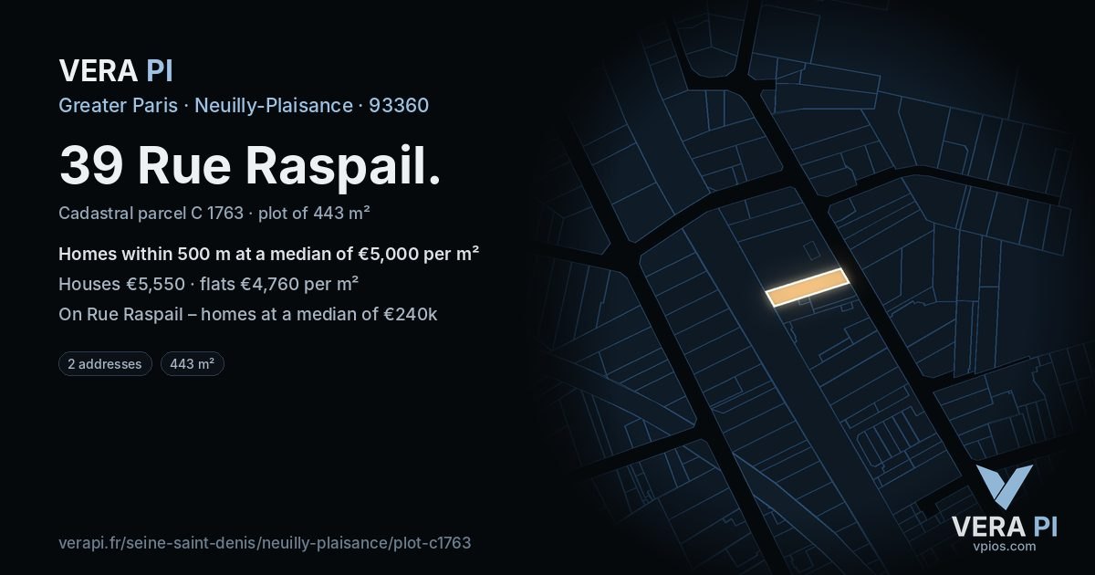 39 Rue Raspail, Neuilly-Plaisance at night – the plot lit, the parcels around coloured by the prices near them