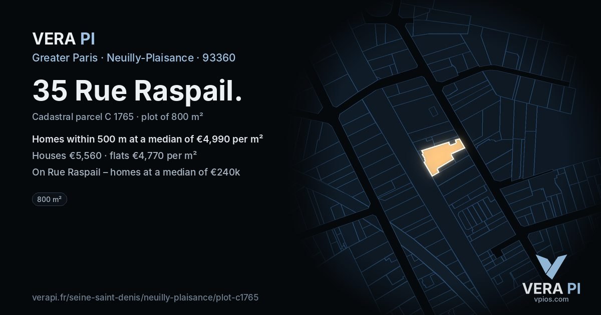 35 Rue Raspail, Neuilly-Plaisance at night – the plot lit, the parcels around coloured by the prices near them