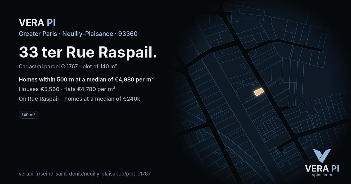 33 ter Rue Raspail, Neuilly-Plaisance at night – the plot lit, the parcels around coloured by the prices near them