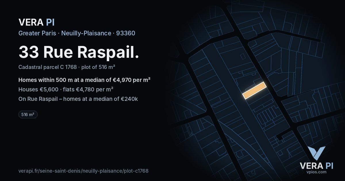 33 Rue Raspail, Neuilly-Plaisance at night – the plot lit, the parcels around coloured by the prices near them