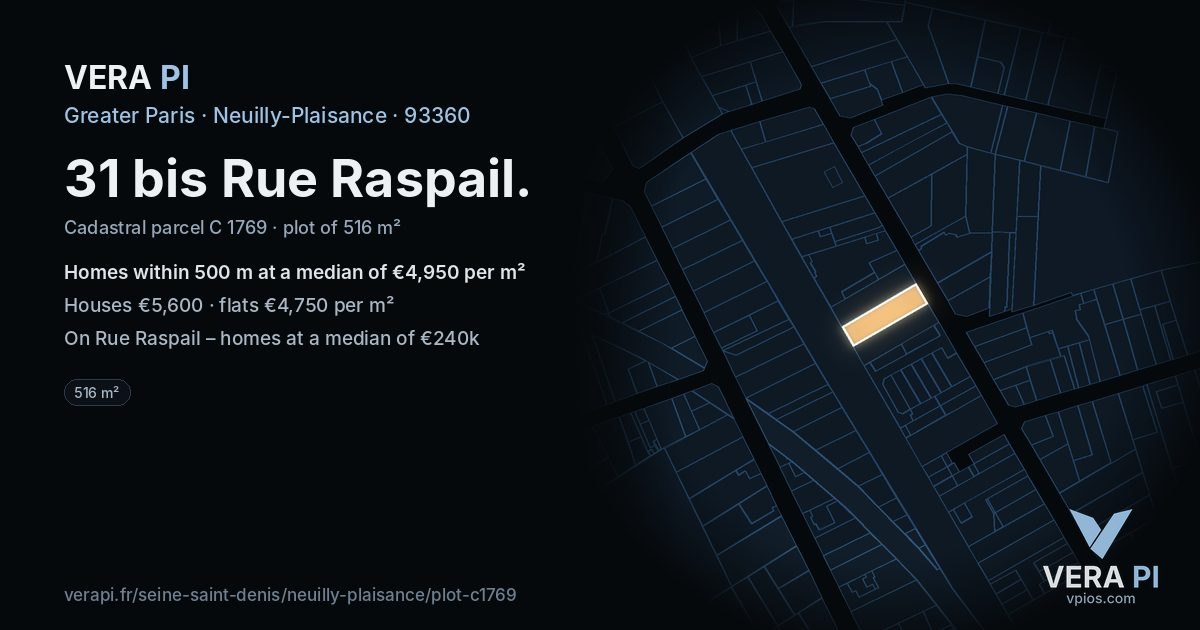 31 bis Rue Raspail, Neuilly-Plaisance at night – the plot lit, the parcels around coloured by the prices near them
