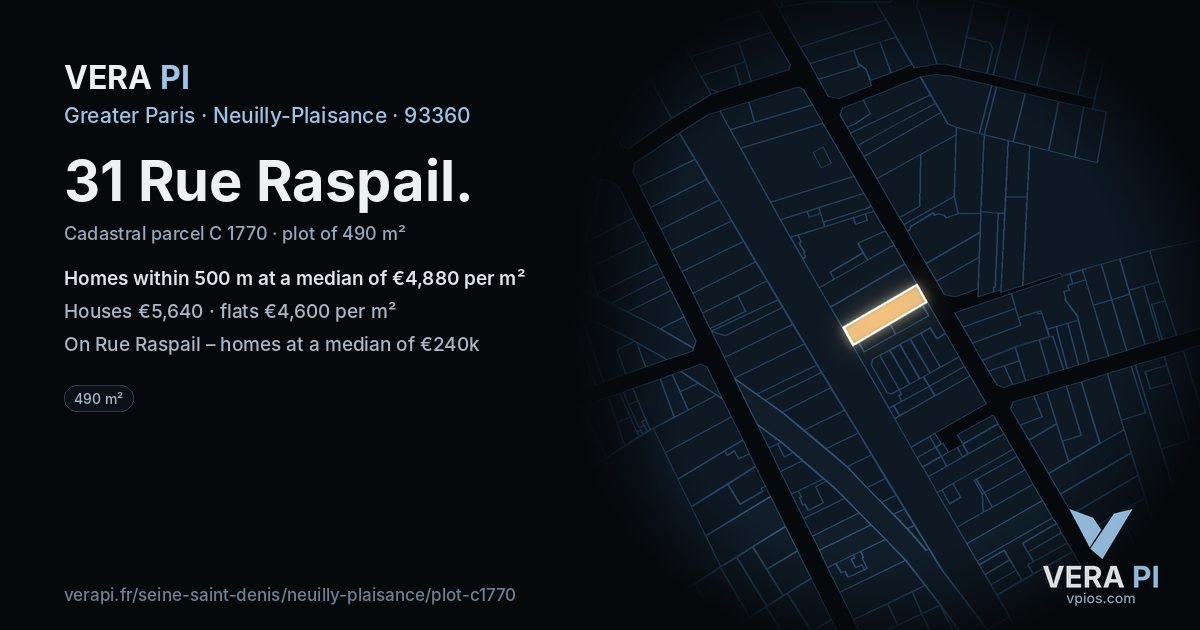 31 Rue Raspail, Neuilly-Plaisance at night – the plot lit, the parcels around coloured by the prices near them