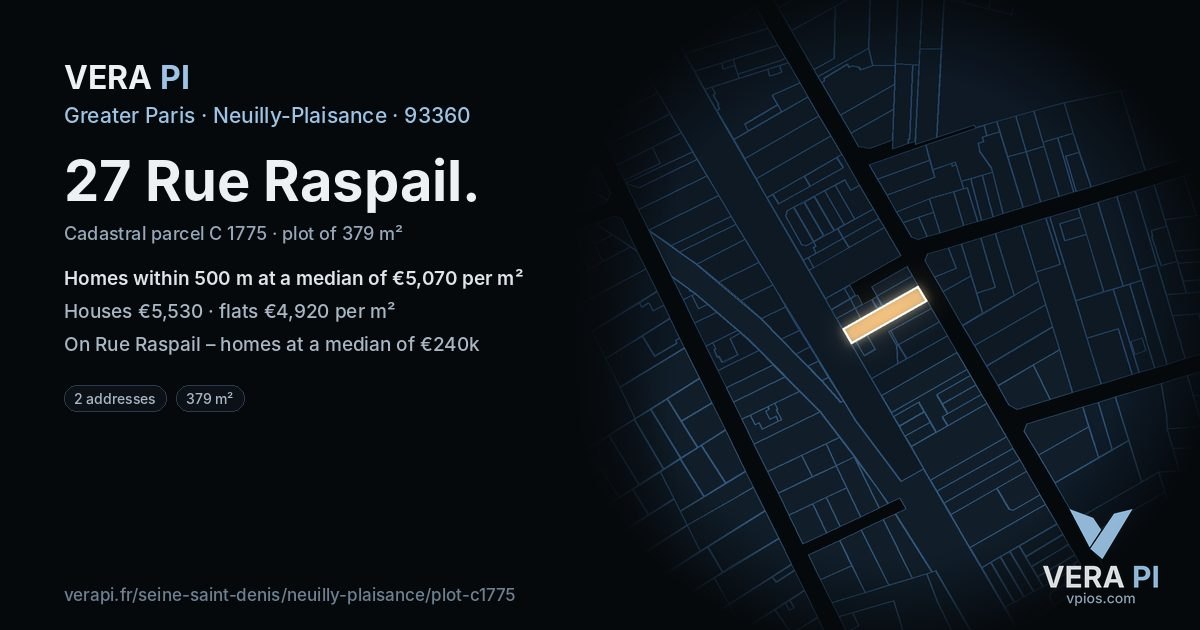 27 Rue Raspail, Neuilly-Plaisance at night – the plot lit, the parcels around coloured by the prices near them