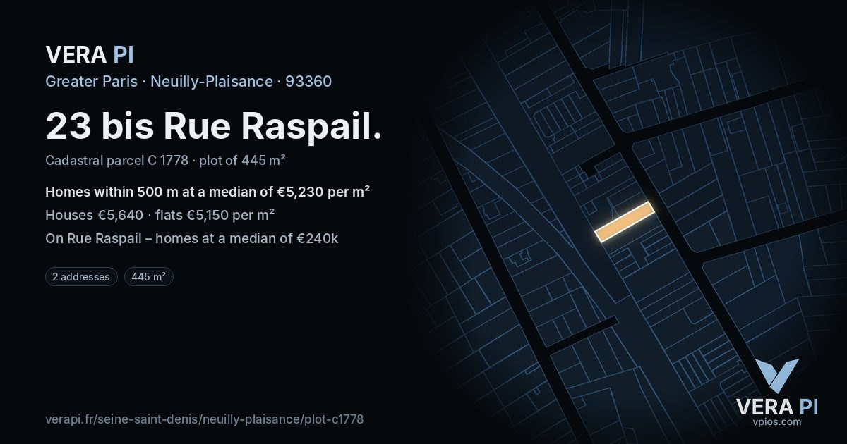 23 bis Rue Raspail, Neuilly-Plaisance at night – the plot lit, the parcels around coloured by the prices near them