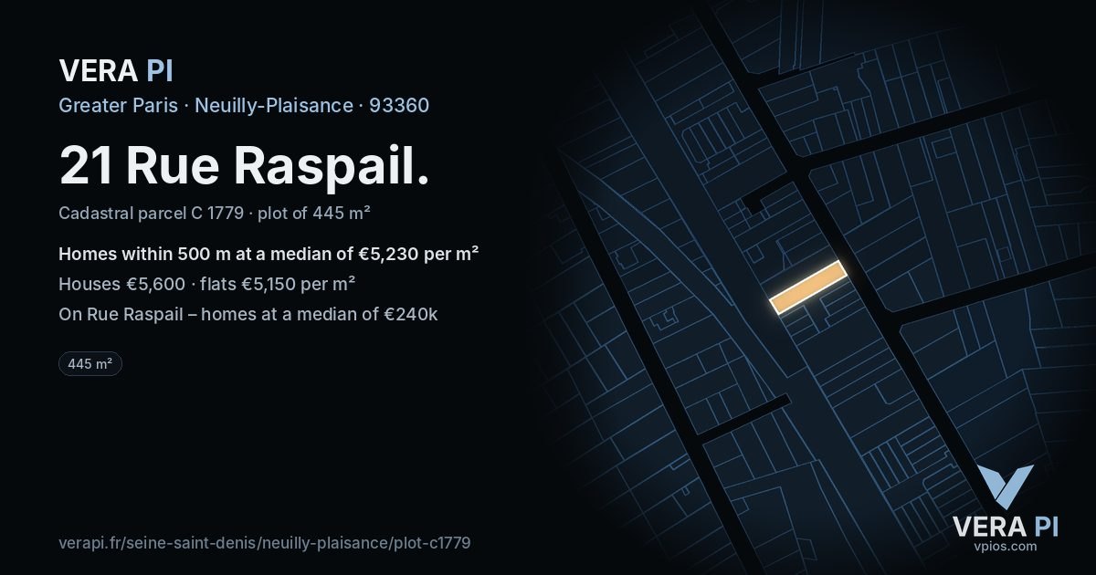 21 Rue Raspail, Neuilly-Plaisance at night – the plot lit, the parcels around coloured by the prices near them
