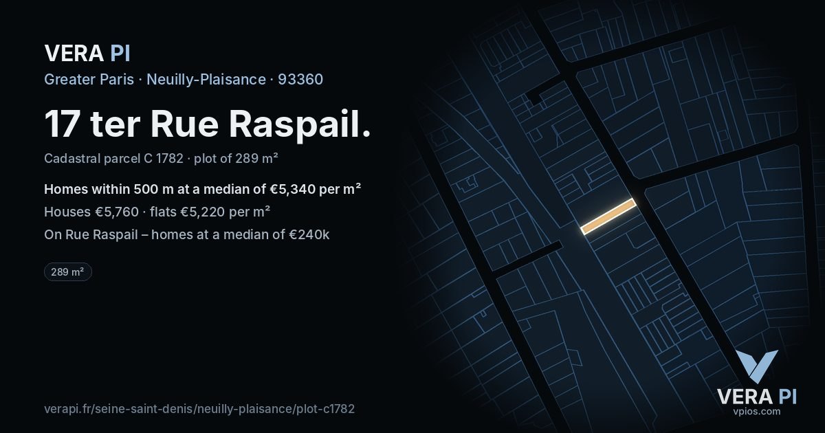 17 ter Rue Raspail, Neuilly-Plaisance at night – the plot lit, the parcels around coloured by the prices near them