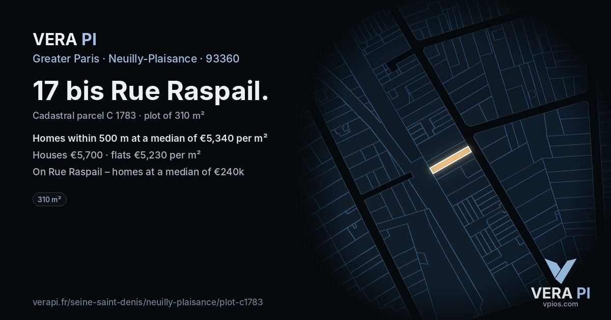 17 bis Rue Raspail, Neuilly-Plaisance at night – the plot lit, the parcels around coloured by the prices near them